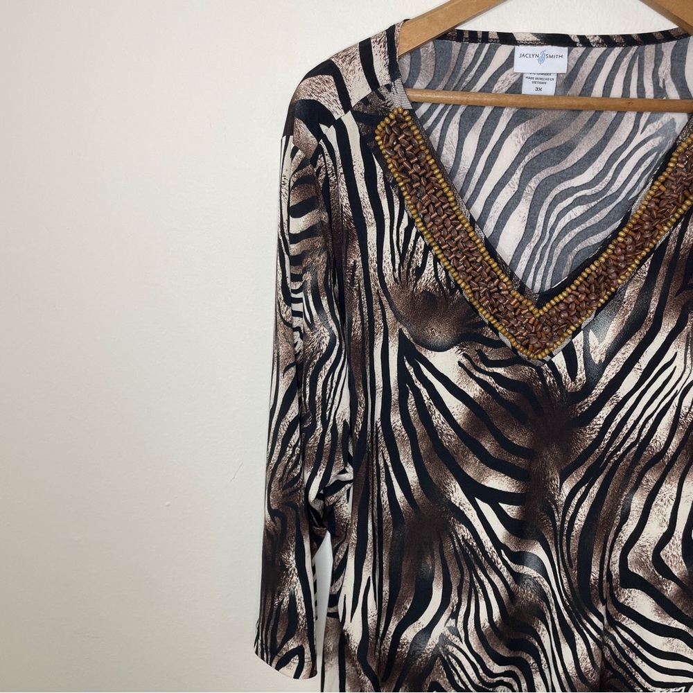 Long Sleeve V Neck 3X Brown Animal Print w/ beading Flowy Top Blouse - Picture 3 of 8